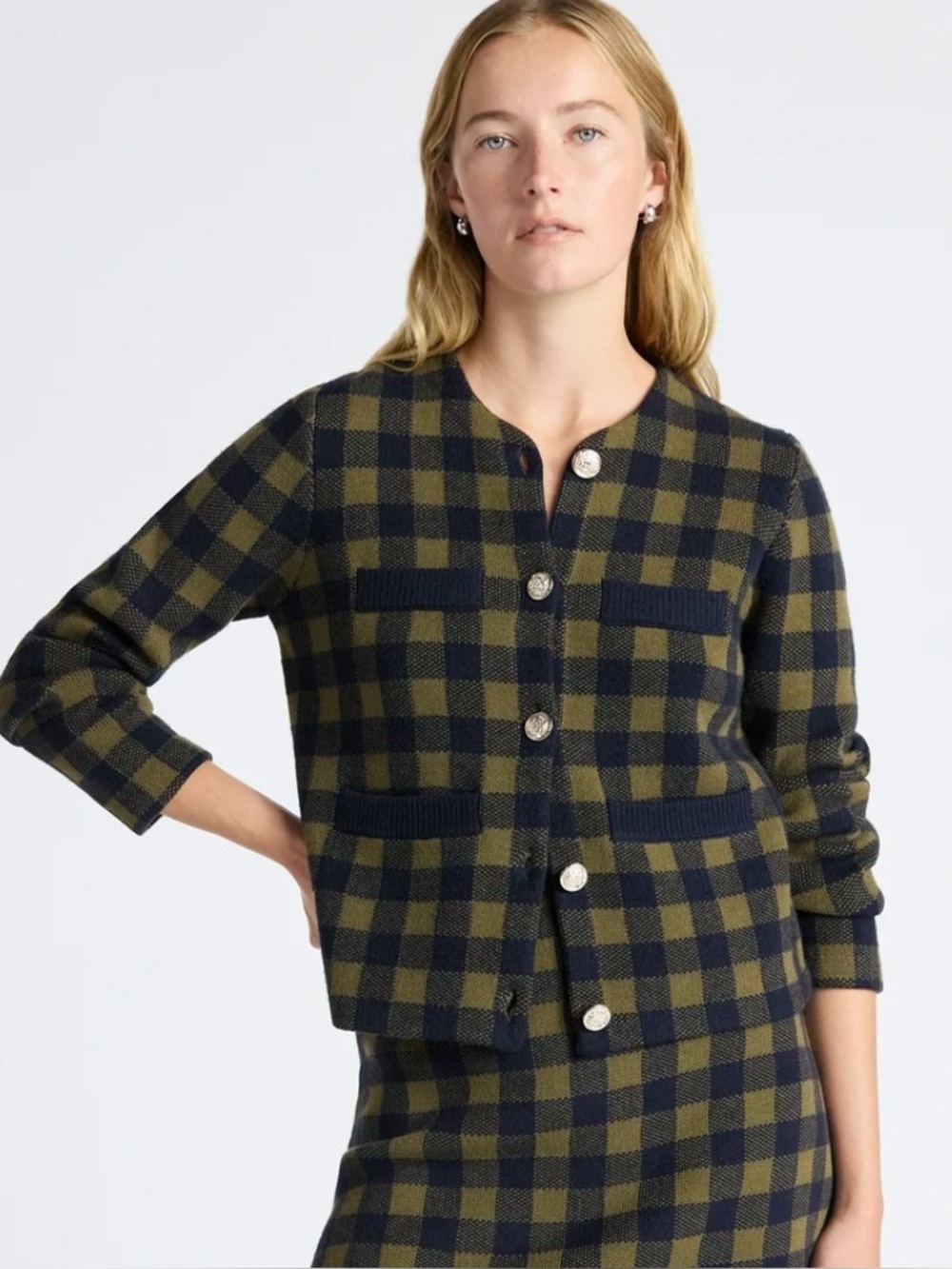 Free Assembly Plaid Knit Button-Front Jacket - Olive & Navy